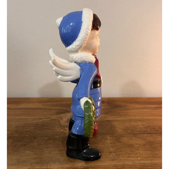 Vintage Holland Christmas Angel Figurine Blue Coat Bell Wreath Wings MCM - Picture 4 of 9